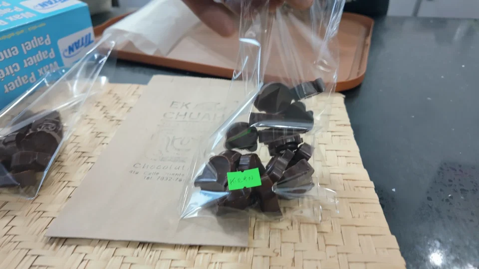 Bags of handmade chocolate from a workshop in Antigua, Guatemala