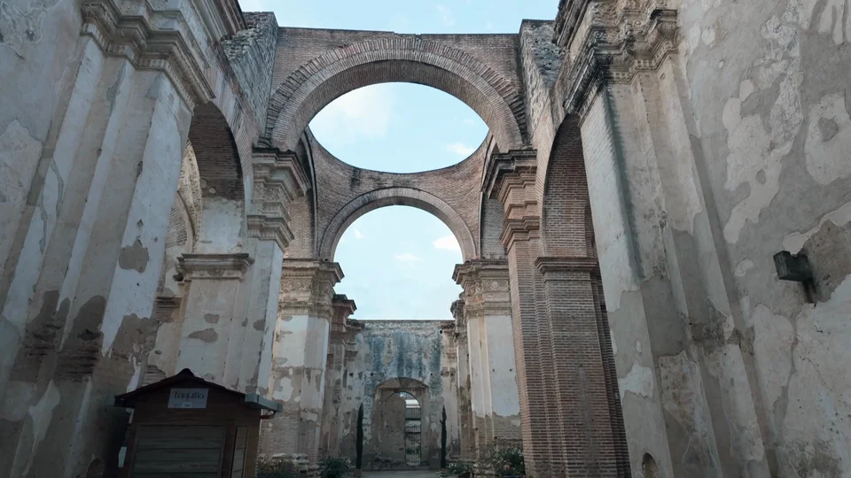 Earthquake ruins of the old cathedral behind Parque Central, Antigua, Guatemala