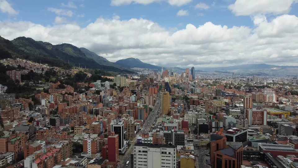 Aerial view of Bogotá, Colombia, with mountains in the background