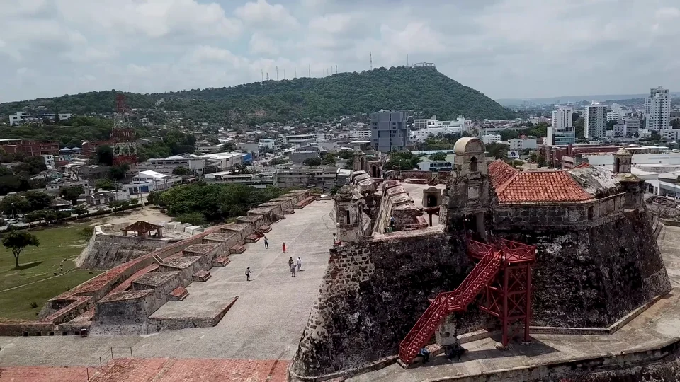 Aerial view of the walled city and fort in Cartagena, Colombia