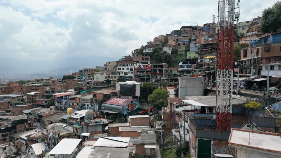 Aerial view over the hillside neighbourhoods of Medellín, Colombia