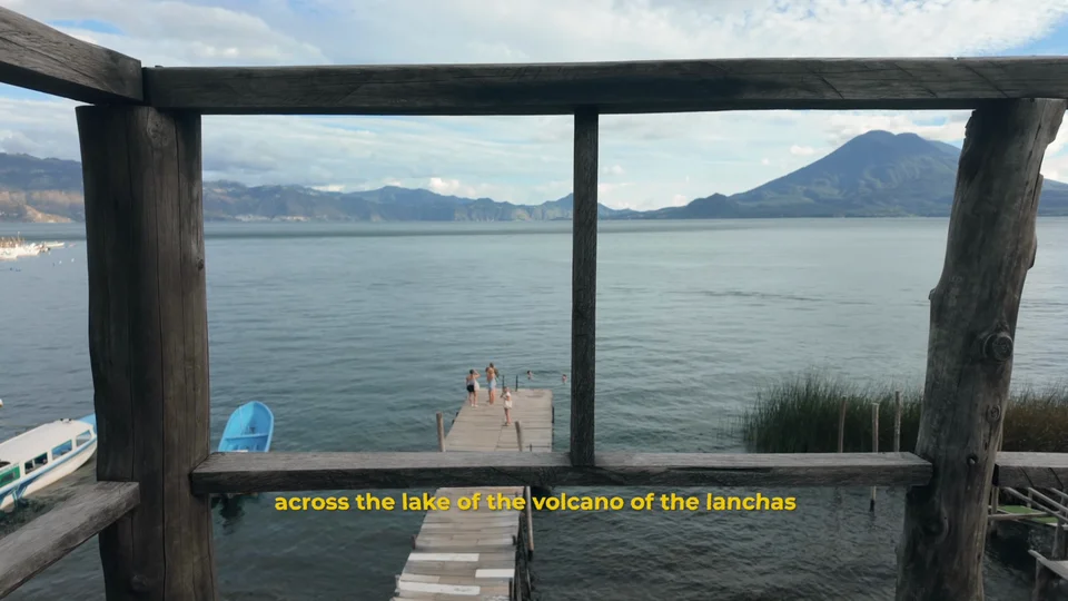 View of Lake Atitlán and volcanoes from the dock at Free Cerveza hostel, Guatemala