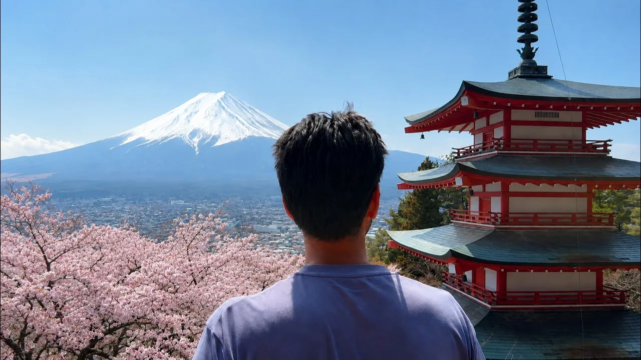 Chureito Pagoda with Mount Fuji behind it