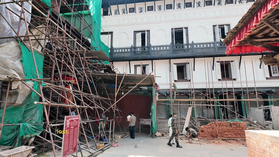 Ongoing earthquake reconstruction scaffolding in Durbar Square, Kathmandu