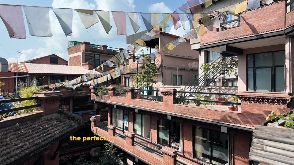Rooftop view over Thamel with prayer flags, Kathmandu, Nepal