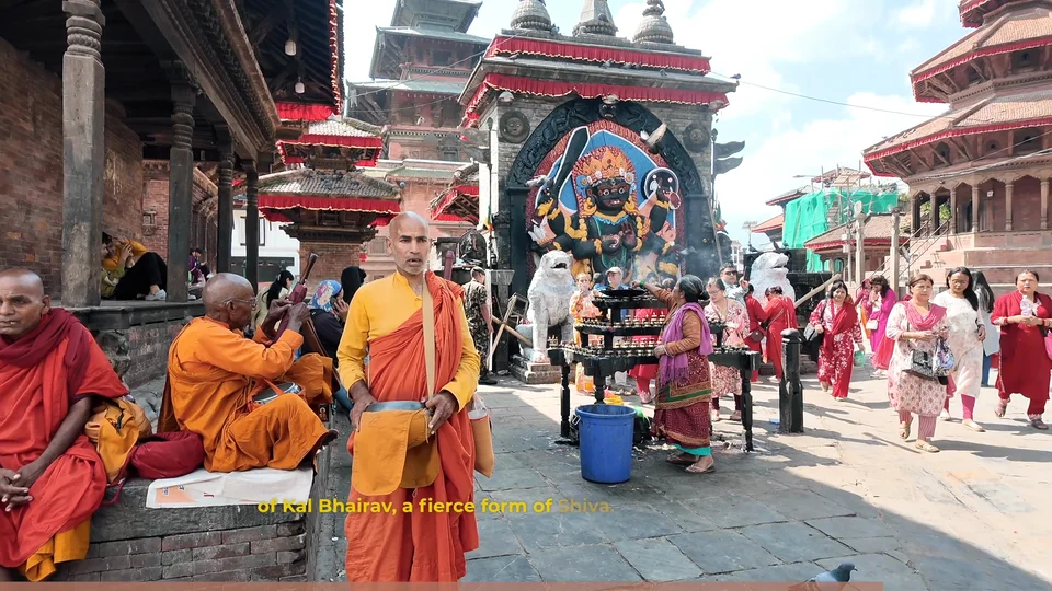 Kal Bhairav shrine with monks in Durbar Square, Kathmandu