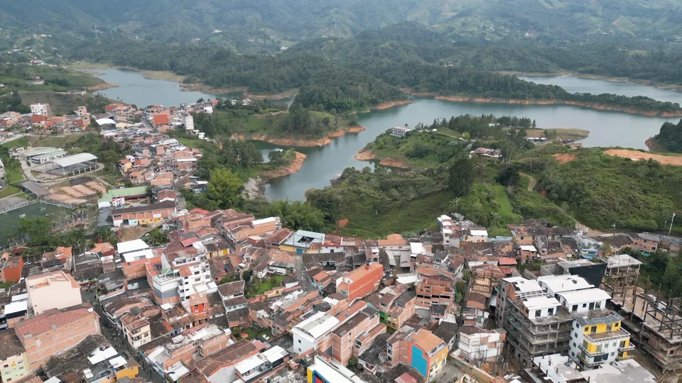 Aerial view of Guatapé town and the reservoir from El Peñón de Guatapé, Colombia
