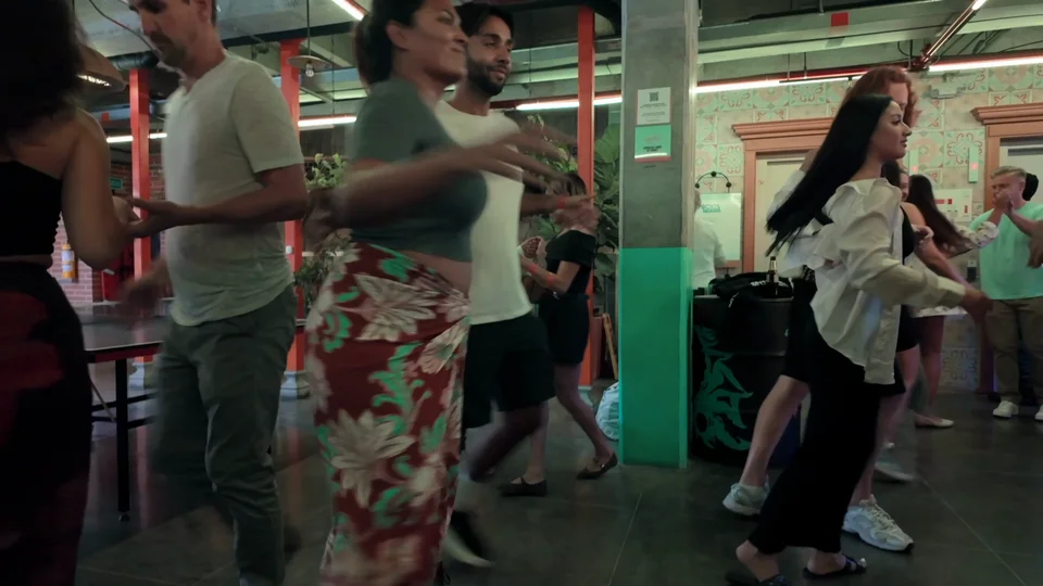 Group salsa class in a dance studio in Medellín, Colombia