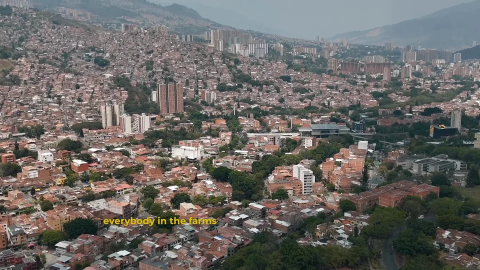 Aerial view over the hillside neighbourhoods of Comuna 13, Medellín, Colombia