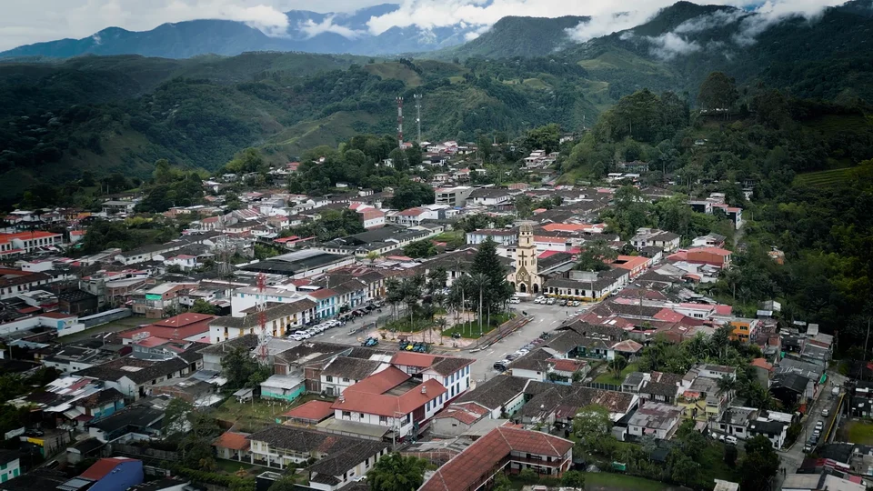 Aerial view of Salento, Colombia, surrounded by green hills