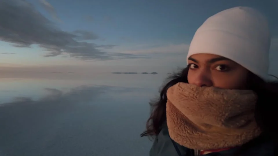 Bundled up against the cold on the Uyuni Salt Flats