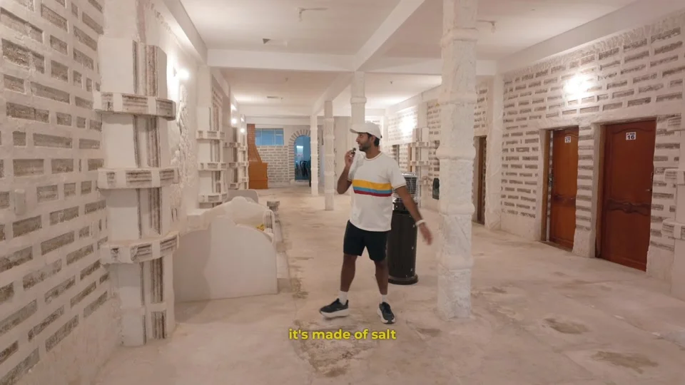Corridor of the Uyuni Salt Hotel, built entirely from salt blocks
