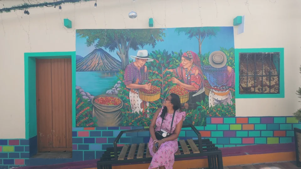 Colourful mural depicting coffee harvesting in San Juan La Laguna, Guatemala