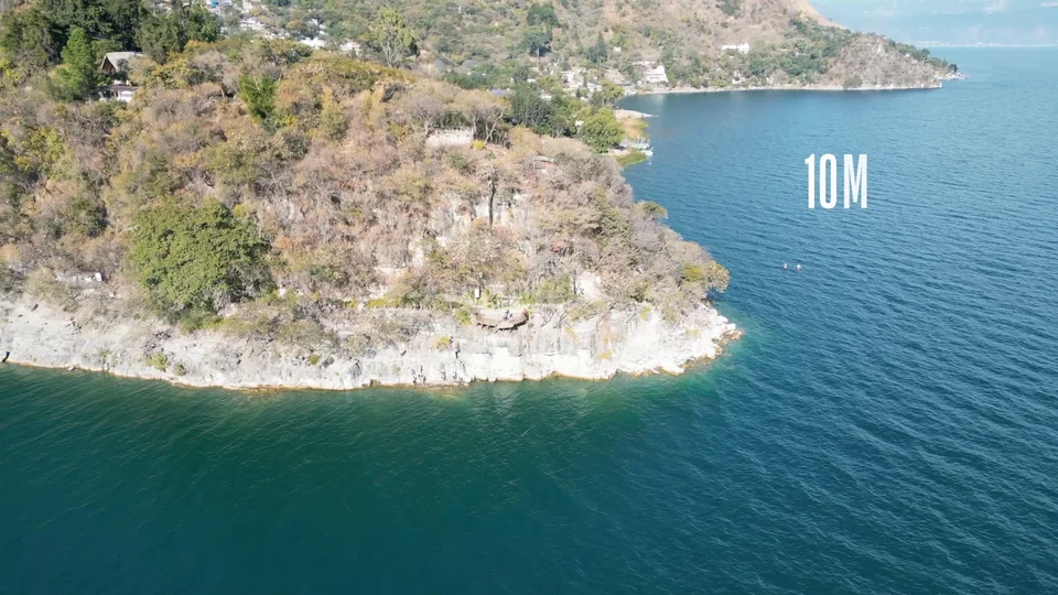 Cliff jumping platform marked 10 metres at Cerro Tzankujil nature reserve, San Marcos, Guatemala