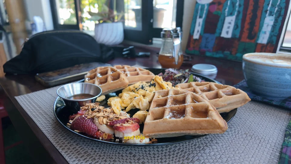Waffle breakfast at Nativo cafe in San Juan La Laguna, Guatemala
