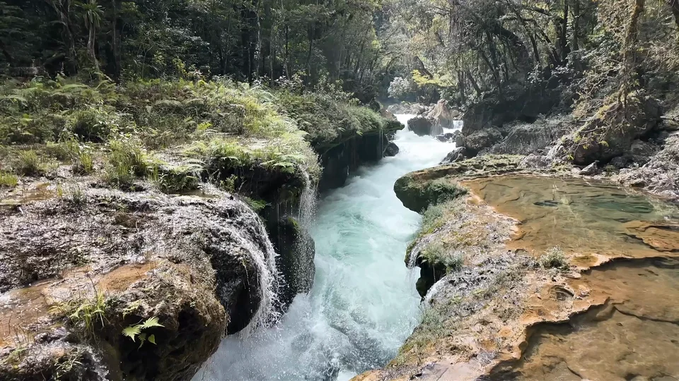Cascading limestone waterfalls at Semuc Champey, Guatemala
