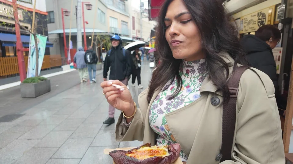 Eating creme brulee sweet potato near Senso-ji Temple, Asakusa