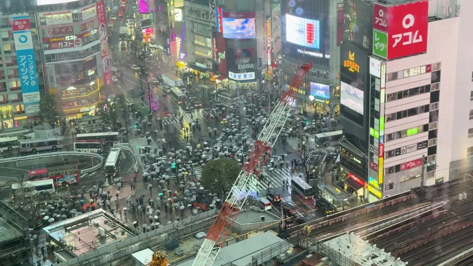 Shibuya Crossing seen from Shibuya Sky on a rainy day
