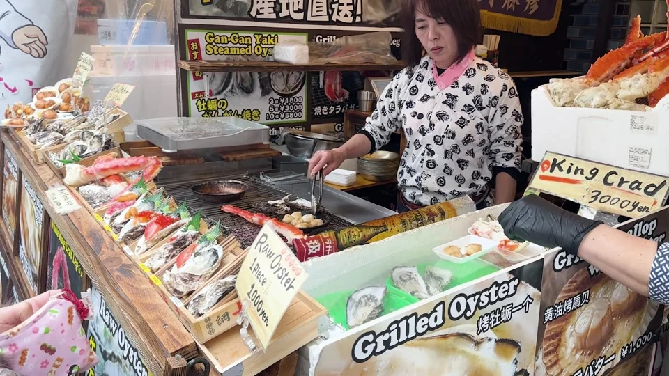 Fresh seafood stall at Tsukiji Market