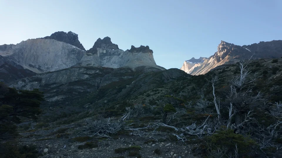 Granite and sedimentary rock peaks near Los Cuernos at dusk, Torres del Paine