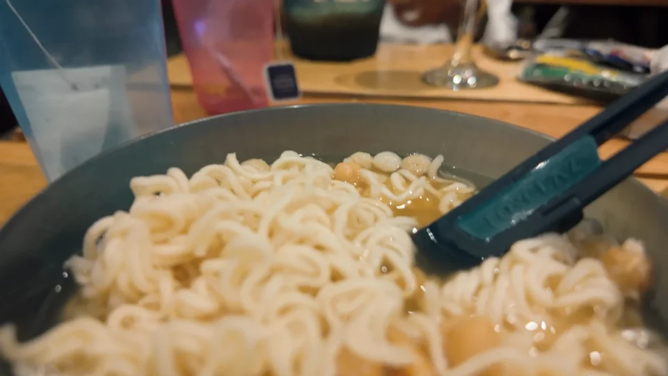 Bowl of instant noodles for dinner at Camping Frances on the W Trek