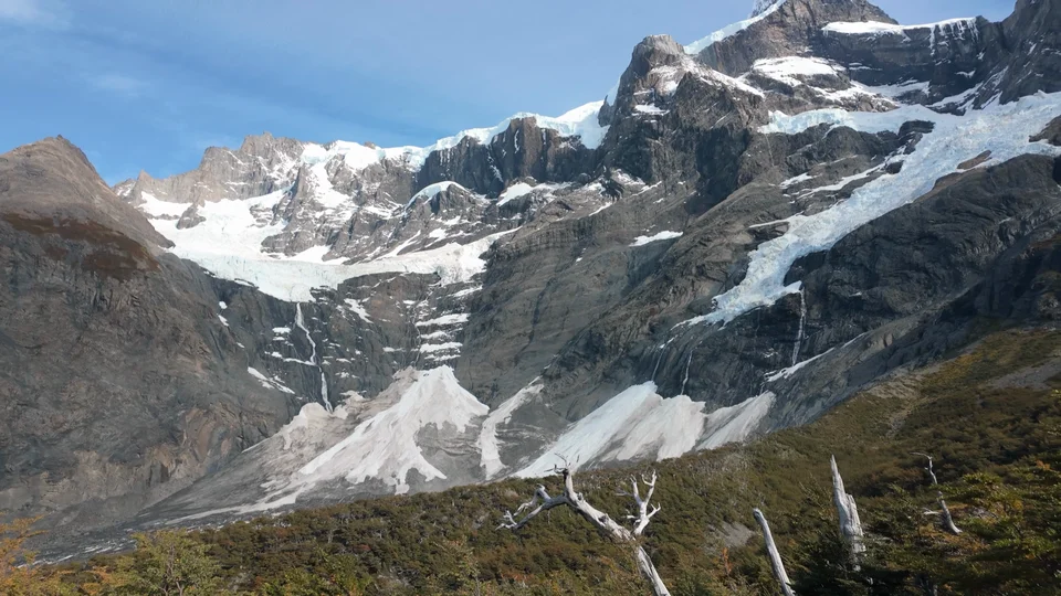 Hanging French Glacier spilling down granite peaks in the French Valley, Torres del Paine