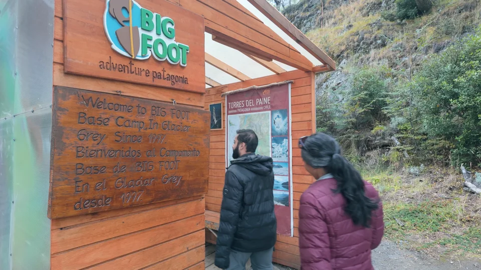 Bigfoot Adventure Patagonia base camp sign at Glacier Grey, since 1997