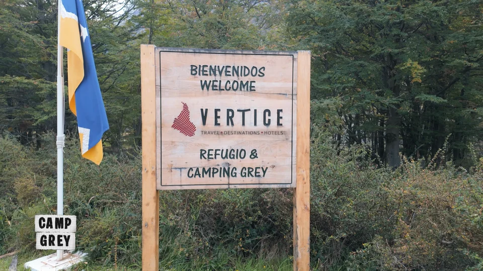 Welcome sign for Refugio and Camping Grey, run by Vertice, on the W Trek