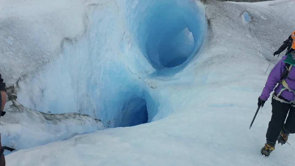 Blue ice cave and crevasse formations on the Grey Glacier, Patagonia