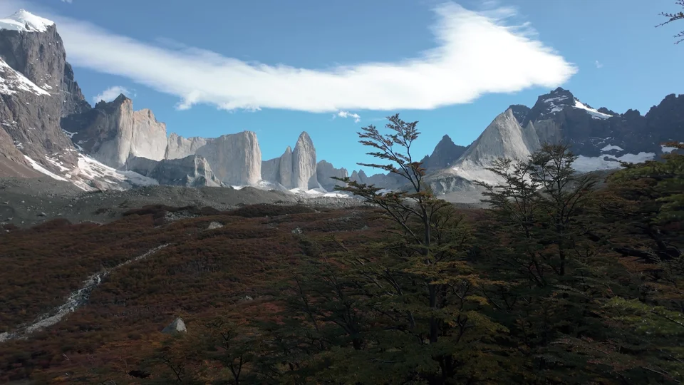 Torres del Paine towers with autumn colour in the foreground, Patagonia